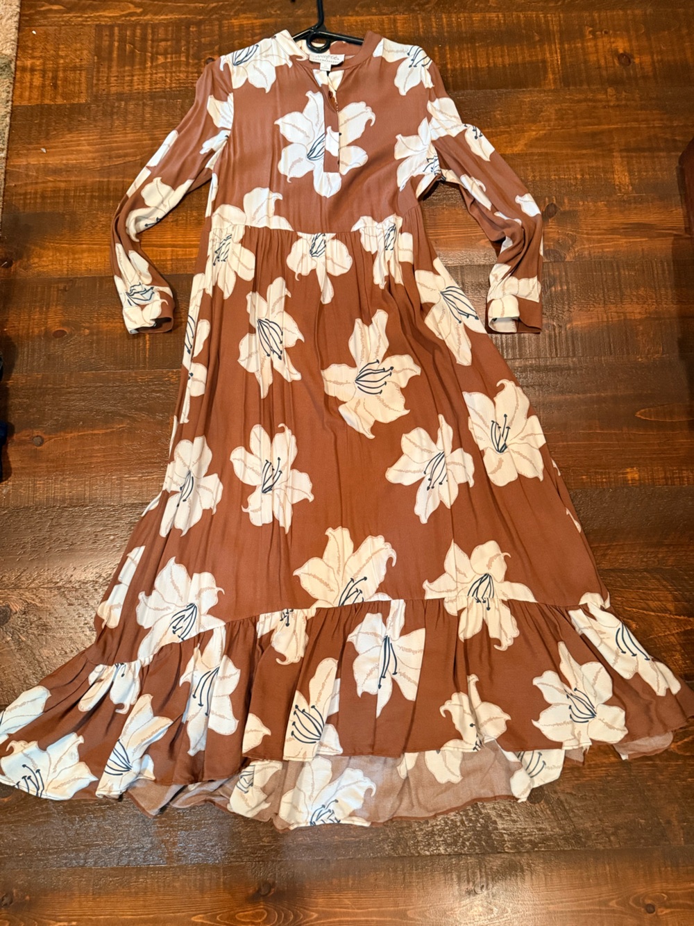 Anthropologie x Mare Mare Brown/ Tan Floral Maxi Dress with White Blooms